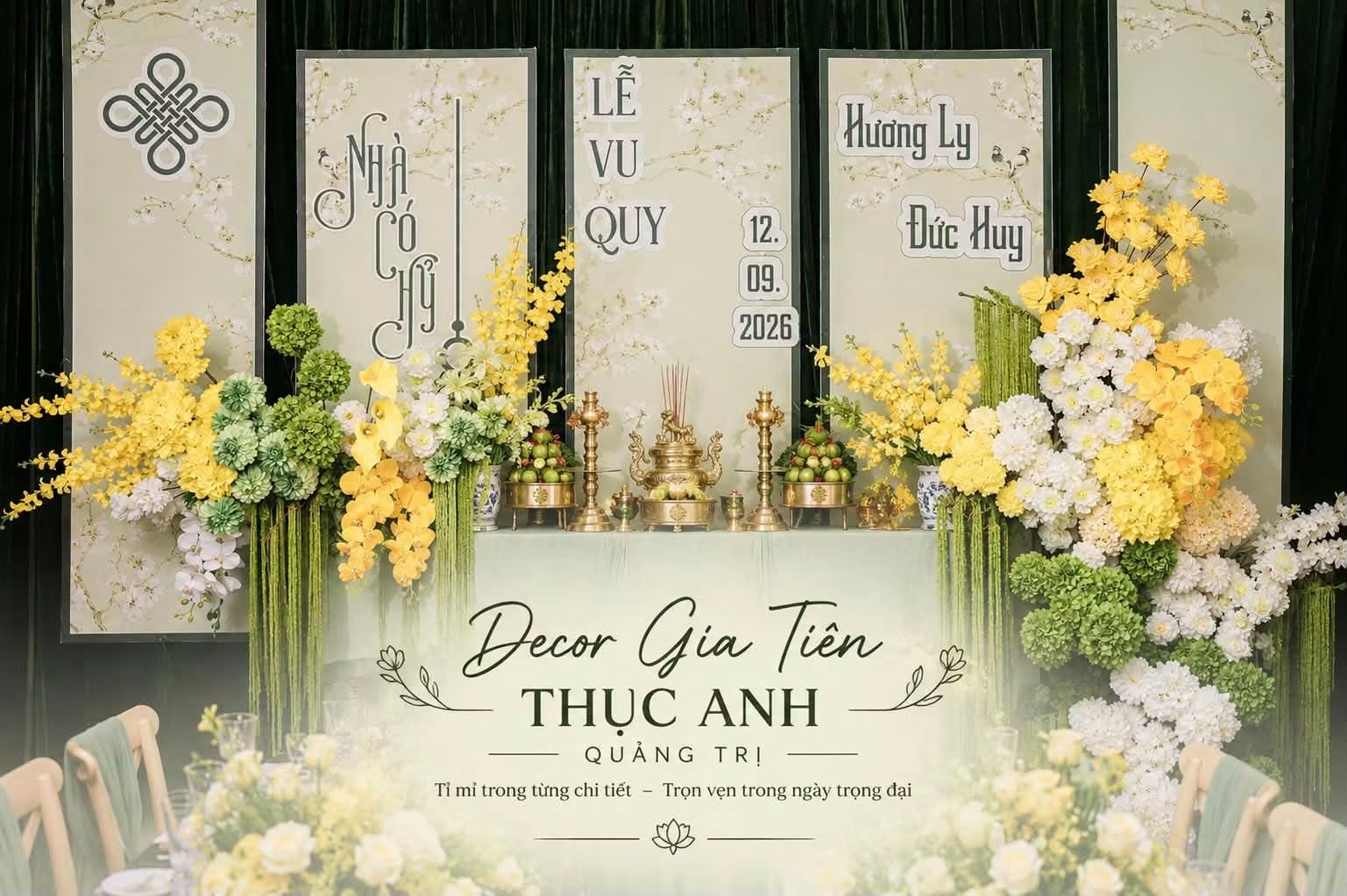 Không gian bàn tiệc và phông lễ vu quy Thục Anh Decor
